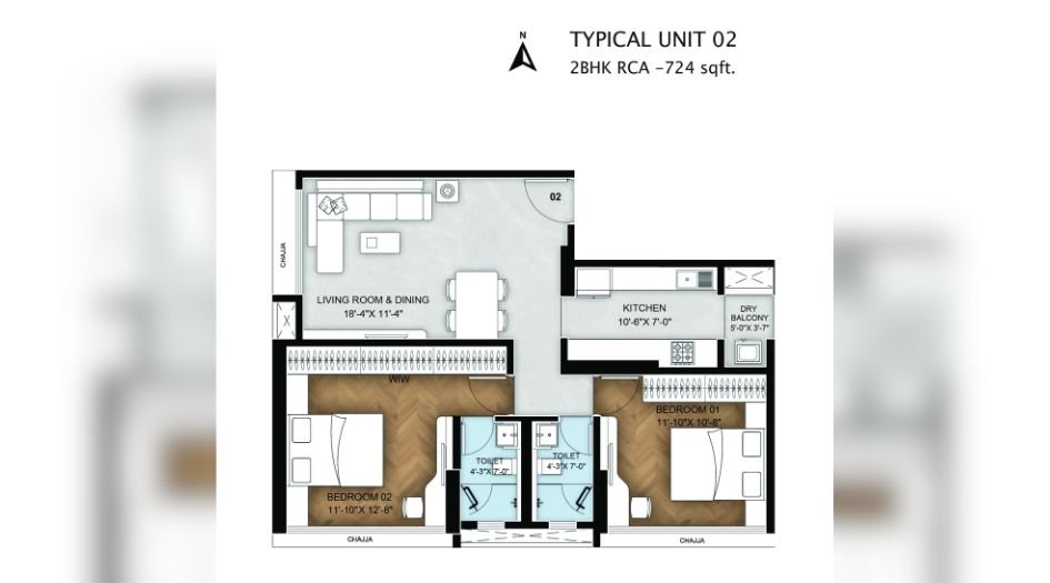 Bluestone-Tulsi-Heritage-Floor-Plan-2 BHK- 724 Sqft